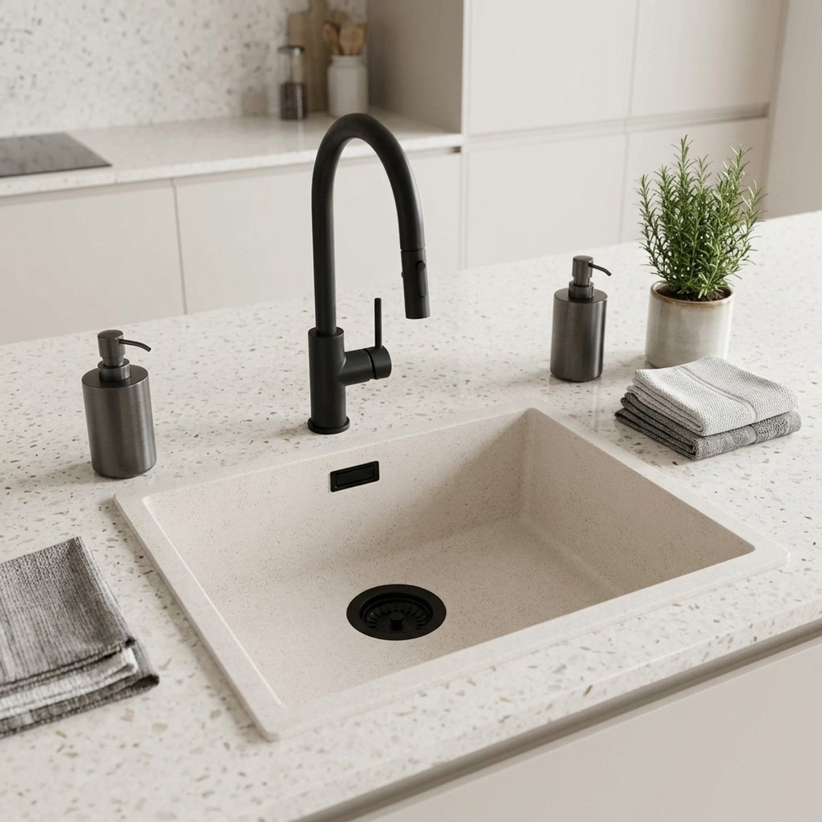 Spoelbak 50x40 cm zand wit onderbouw, opbouw Pure.Sink