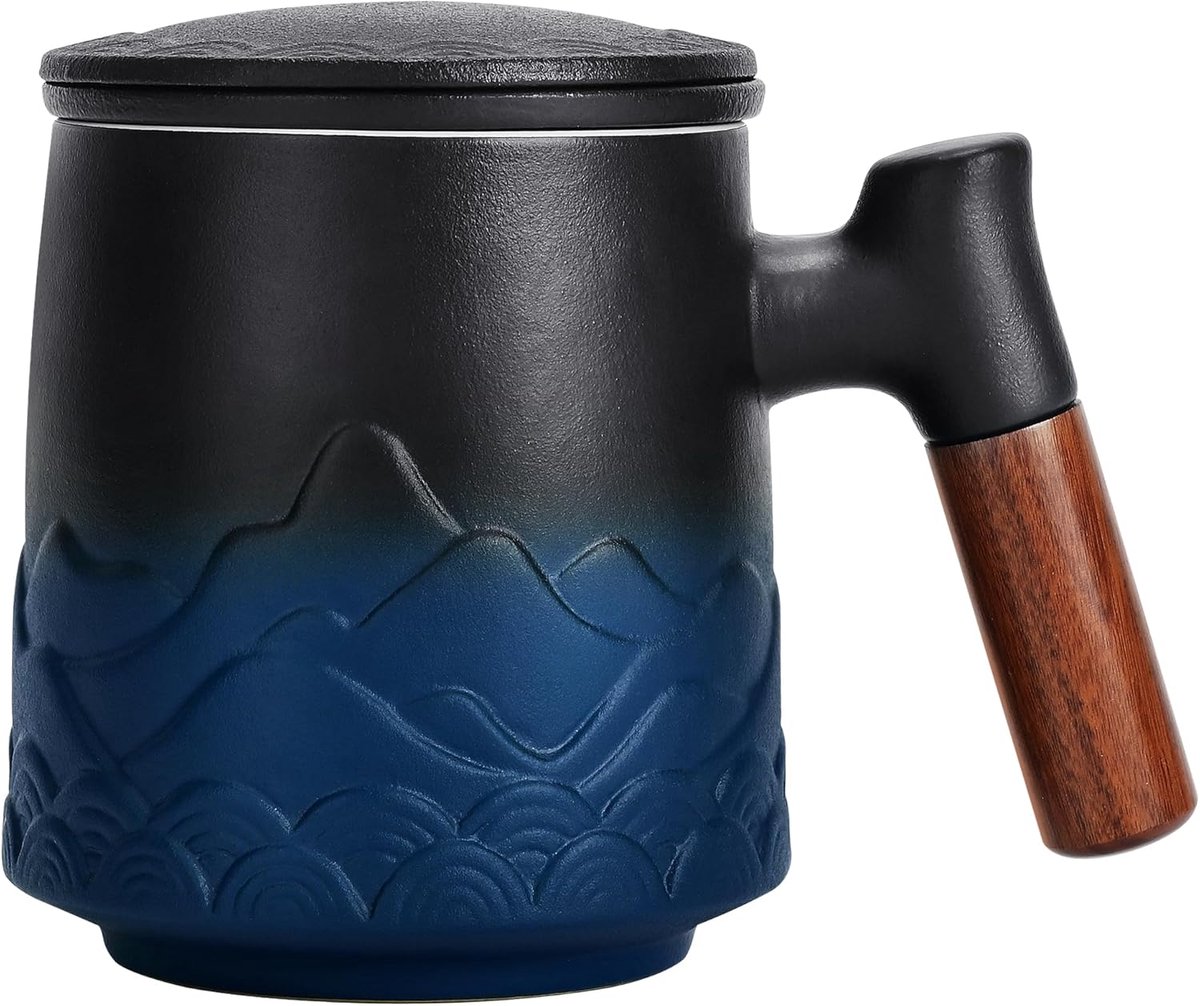 Theemok met Zeef en Deksel, Porcelain Theekop met Filter, Blauw