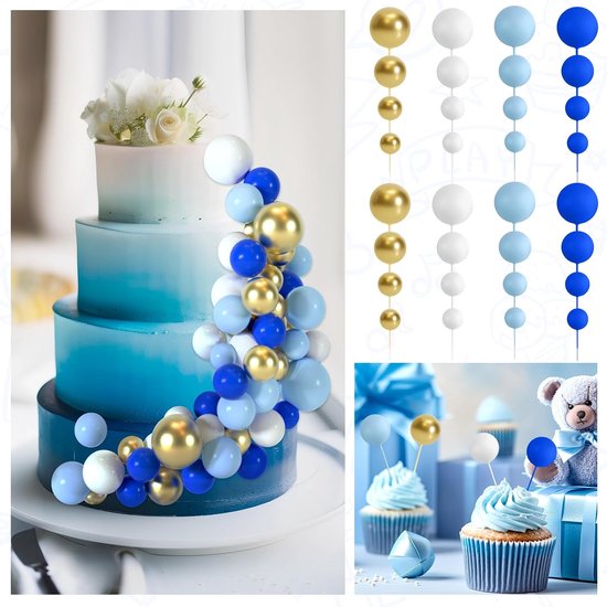48 stuks taartdecoratie ballen Cake taart ballen decoraties ballon cupcake taartversiering voor verjaardag feest bruiloft babyparty taartdecoratie (Koningsblauw, Lichtblauw, Wit, Goud) — afbeelding 4