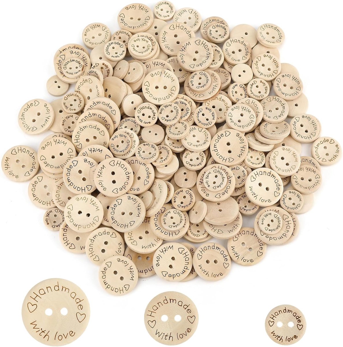 Knopen, 210 stuks, 15 mm, 20 mm, 25 mm, knopen met "Handmade with Love", geschikt voor naaiwerk en ambachtelijke decoraties