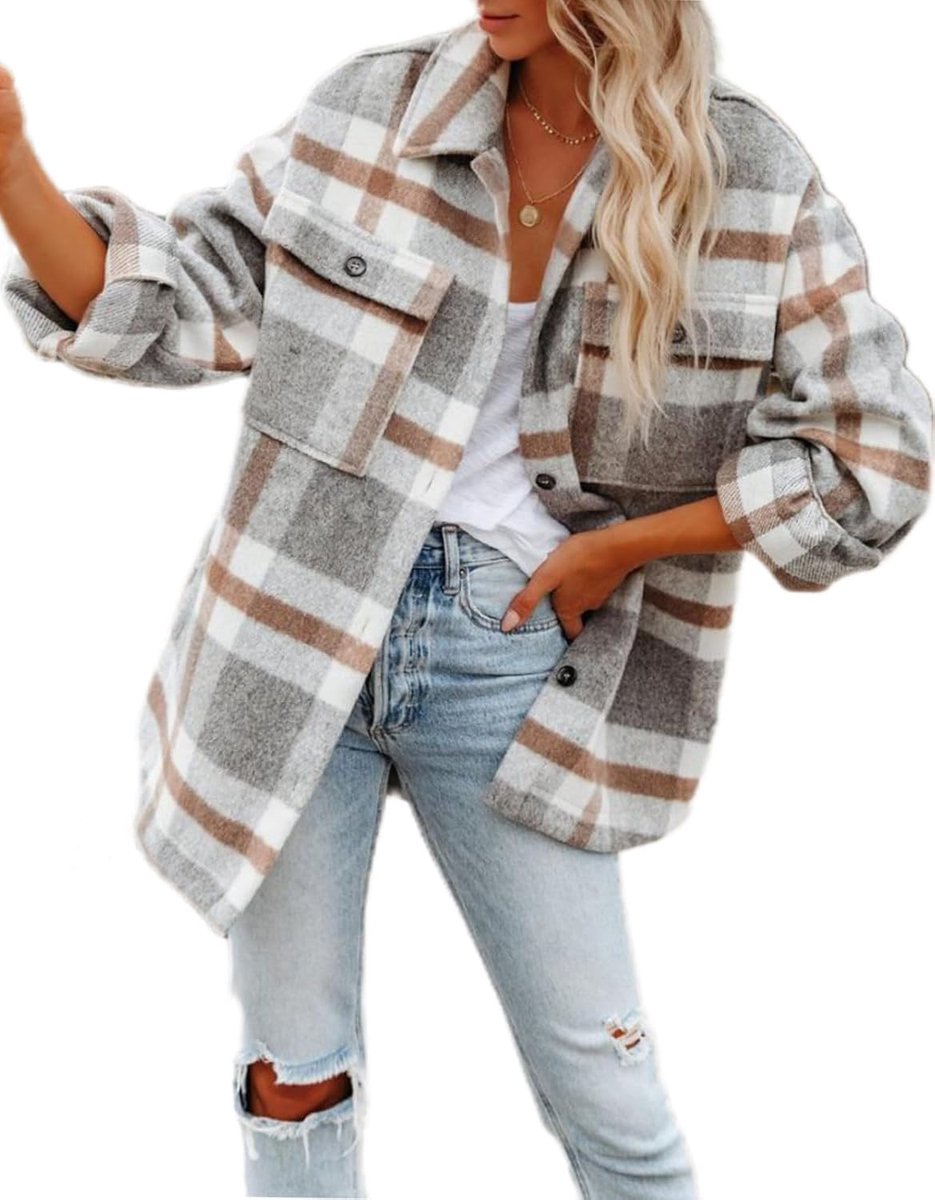 Flanellen shirts voor dames, lange mouwen, shacket voor dames, geruit overhemd, blouses, casual tops, vest, herfst, winterjas, jas