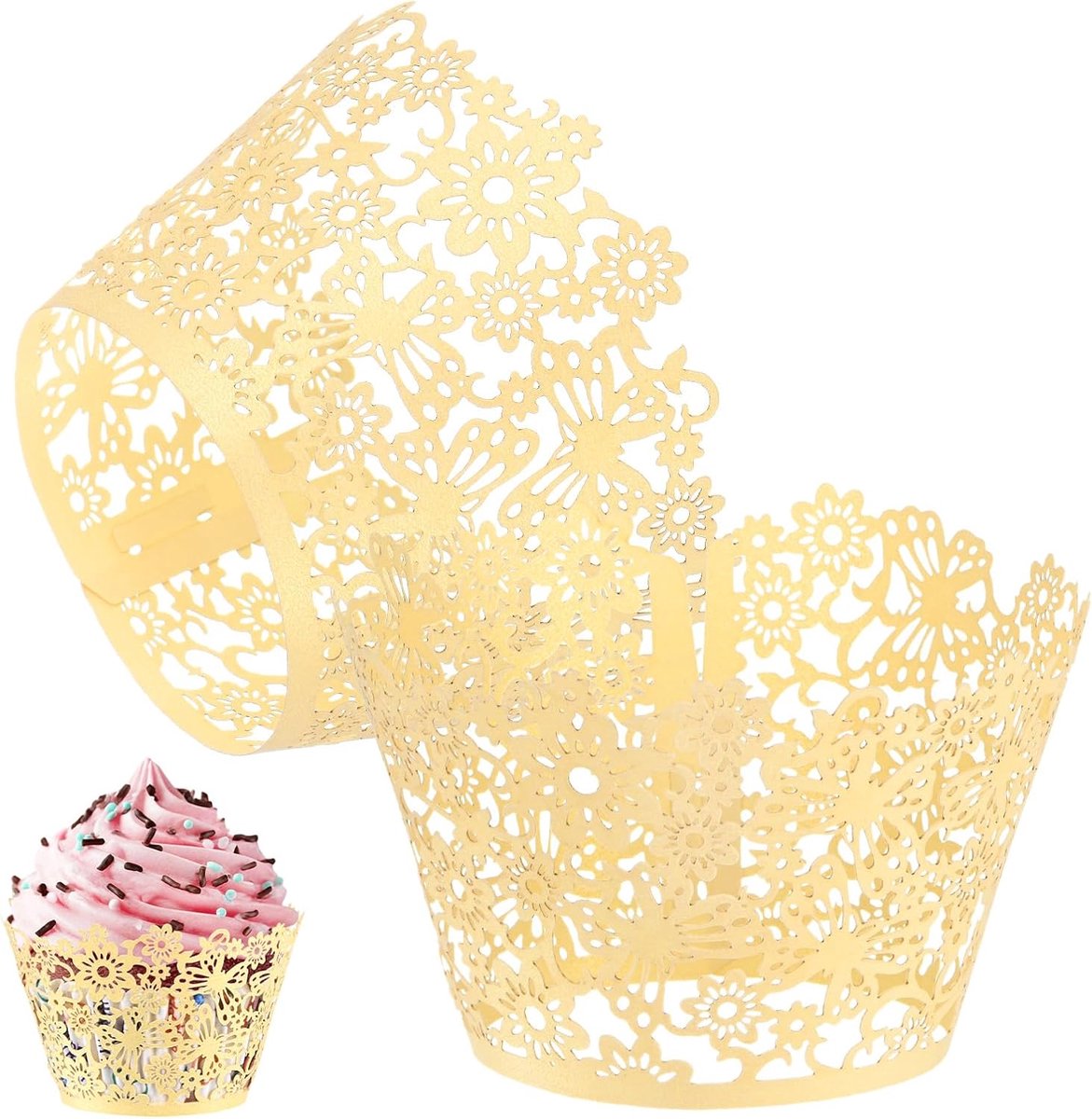 50-Pack Cupcake Wrappers, Parelmoer Art Papier, Bloemen Kant Holle Cupcake Liners voor Bruiloft/Verjaardagsfeestje Decoratie, Bak Cake Papier [Wit Goud]
