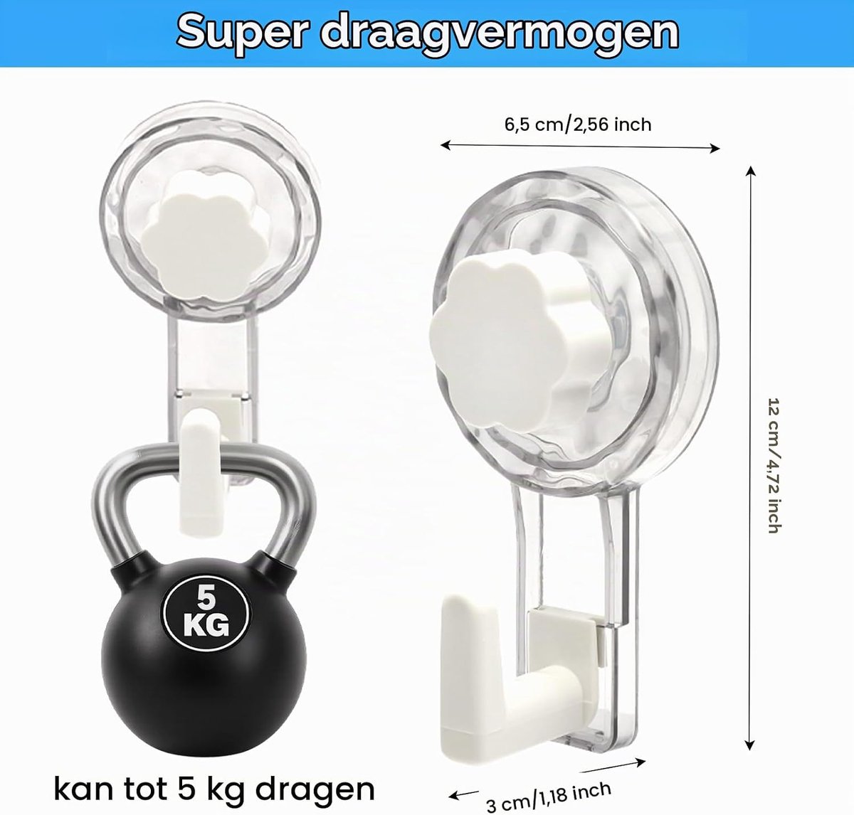 2 stuks zuignappen, 65 mm, zuignaphaken met sterke grip voor handdoekhaken, zonder boren, zuignap, extra sterk, herbruikbaar, transparant, voor glas, tegels, douche en keuken