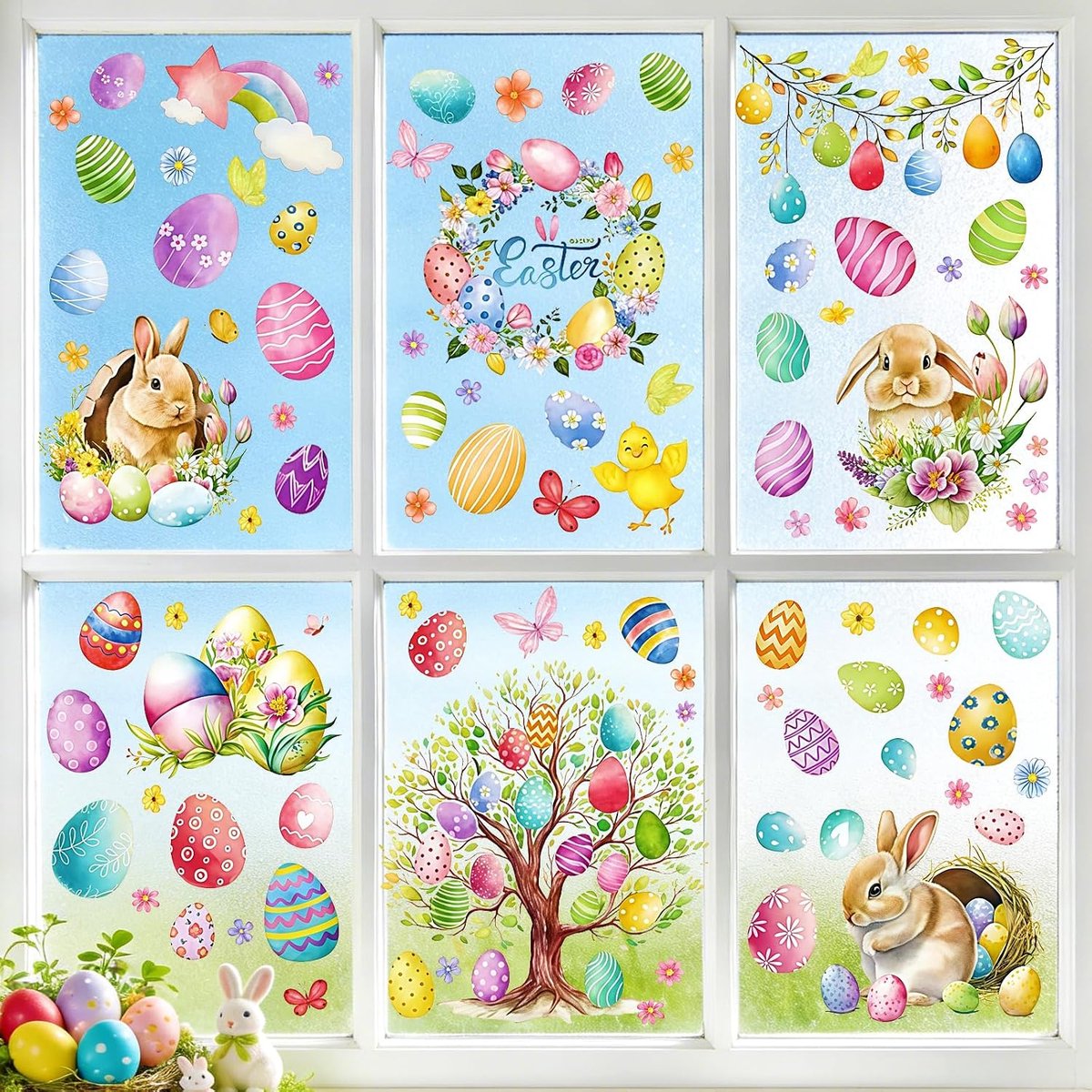 Raamstickers 9 Vellen Zelfklevende Glas Sticker Decal Statische Pasen Paashaas Paasei　Raamstickers Dubbelzijdige Lente Pasen Raamdecoratie voor Glasraam Slaapkamer Keuken Koelkast Deur