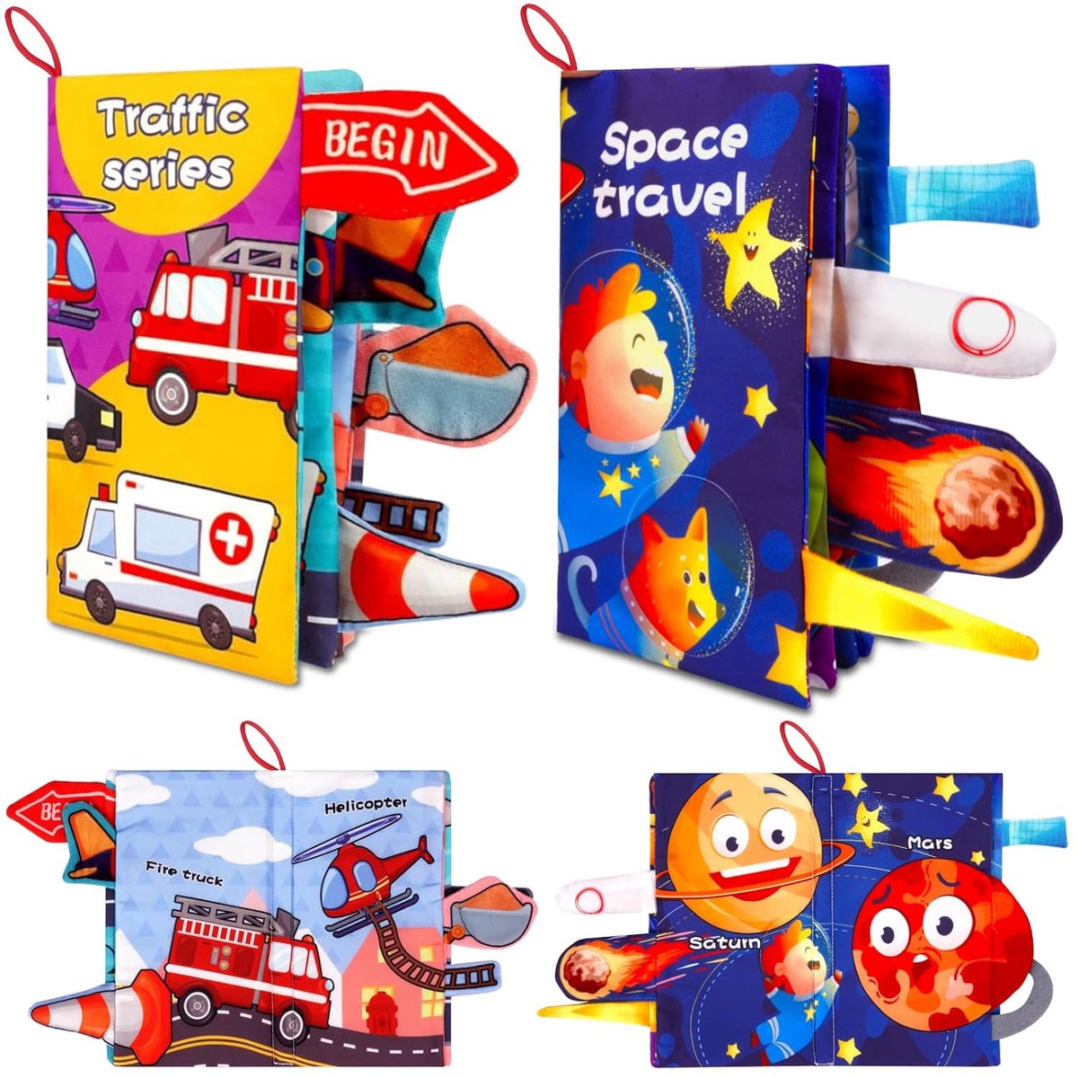 Babyboekjes - 2 aanraakboekjes voor baby's van 6-12 maanden, thema's transport en ruimte, crêpestof en zacht speelgoed voor babybuikjes.