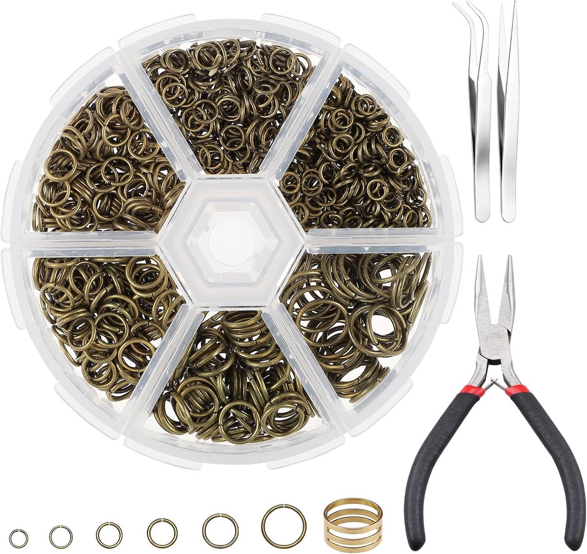 Brons Kit, 4-10mm Open Buigringen voor DIY Handwerk, met Tang, Pincet en Opener, voor Creatieve Projecten, Sleutelhangers Maken