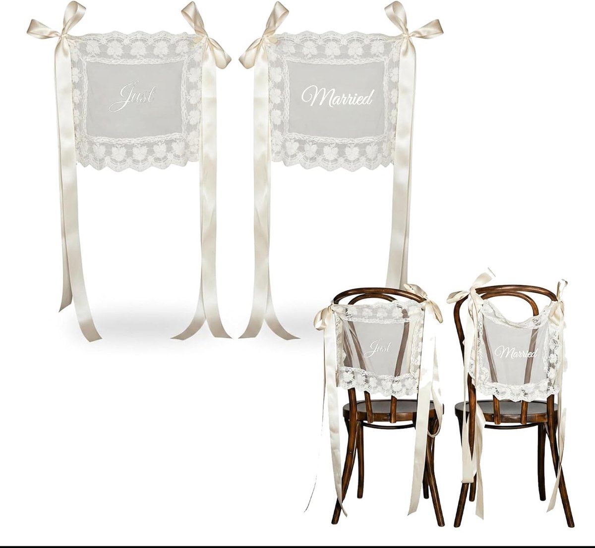 Decoratie Bruiloft Bruidspaar 2 Stuks, Just Married Guirlande met Kant, Zitplaatsindeling Bruiloft Bord voor Sweetheart Table