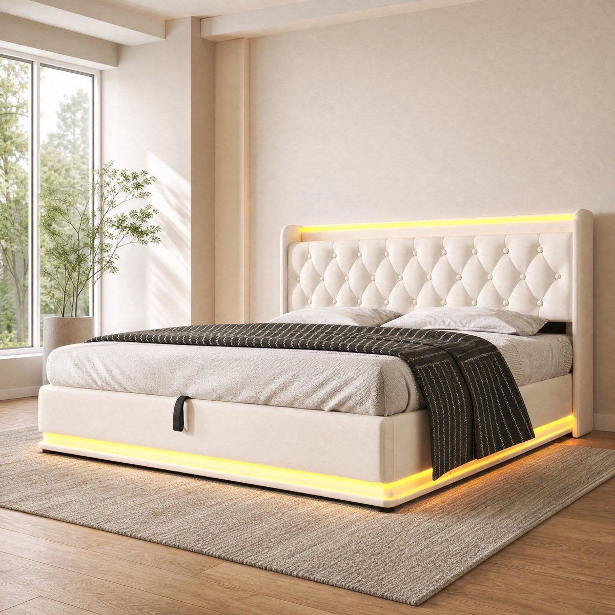WUVRIE Tweepersoons opbergbed 140x200 cm met LED, USB-C, lattenbodem en kunstleren bekleding, wit