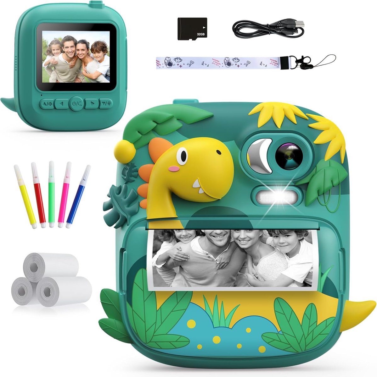 Camera Instant Print, CAMCLID 2.4 Inch Scherm Camera voor Kinderen Dinosaurus Kinderen Camera met 32GB Kaart, Kerstmis Speelgoed voor Jongens Meisjes 3-12 Leeftijd(Groen)