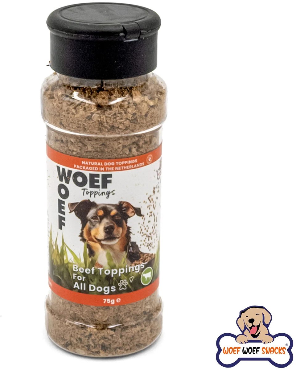 Woef Woef Snacks Hondensnacks Runder Toppings - 0.08 KG - Hondenvoer Toppings - Rund - Alle honden en alle leeftijden vanaf 2 maanden - Geen toevoegingen