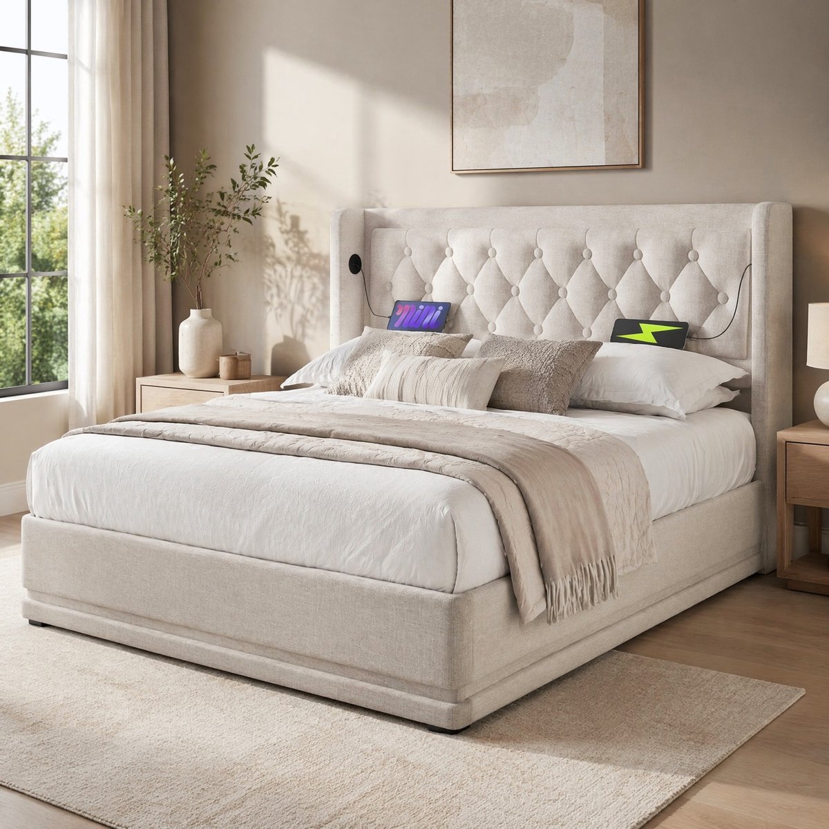 WUVRIE Tweepersoons opbergbed 180x200 cm met hydraulische opbergruimte, USB-C en LED-verlichting, beige