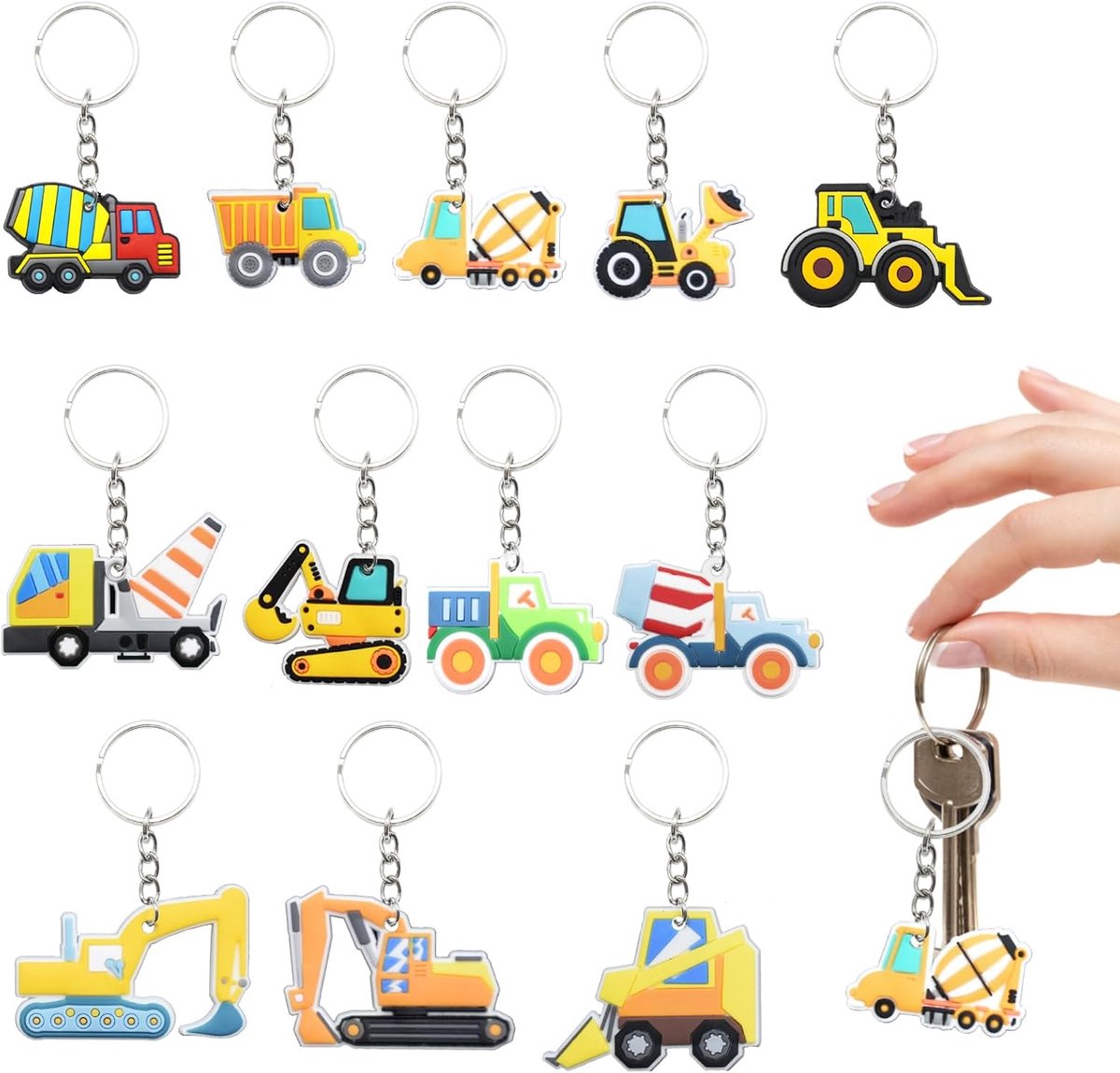 SnelShoppen - Set van 12 Sleutelhangers Tractoren en Constructievoertuigen, Kinderthema, Gelukscharms voor Kinderen, Ideaal voor Verjaardagen, Hoogwaa