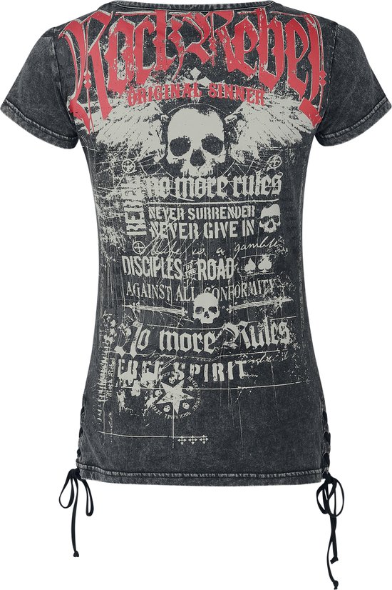 Donkergrijs T-shirt met rood 'Rock Rebel' logo, schedel, tekstprint en veters aan de zijkant.