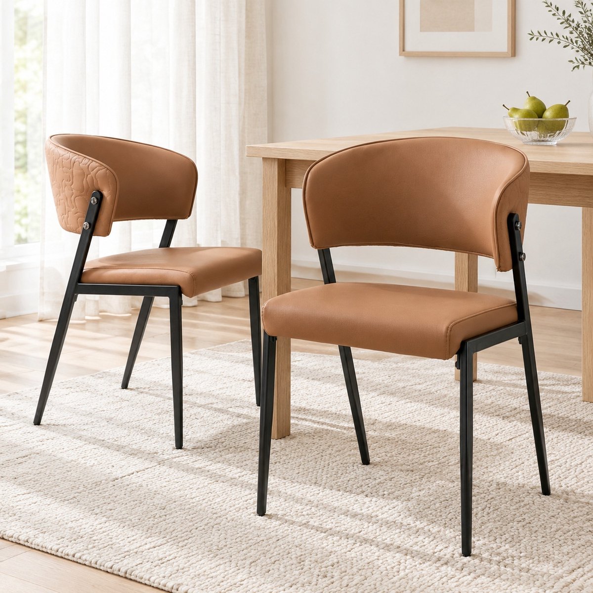 REDOM Eetkamerstoel set van 2 - Gewatteerde kunstleren zitting - Ergonomisch gebogen rugleuning - Metalen onderstel - Bruin - 51 x 49 x 78 cm