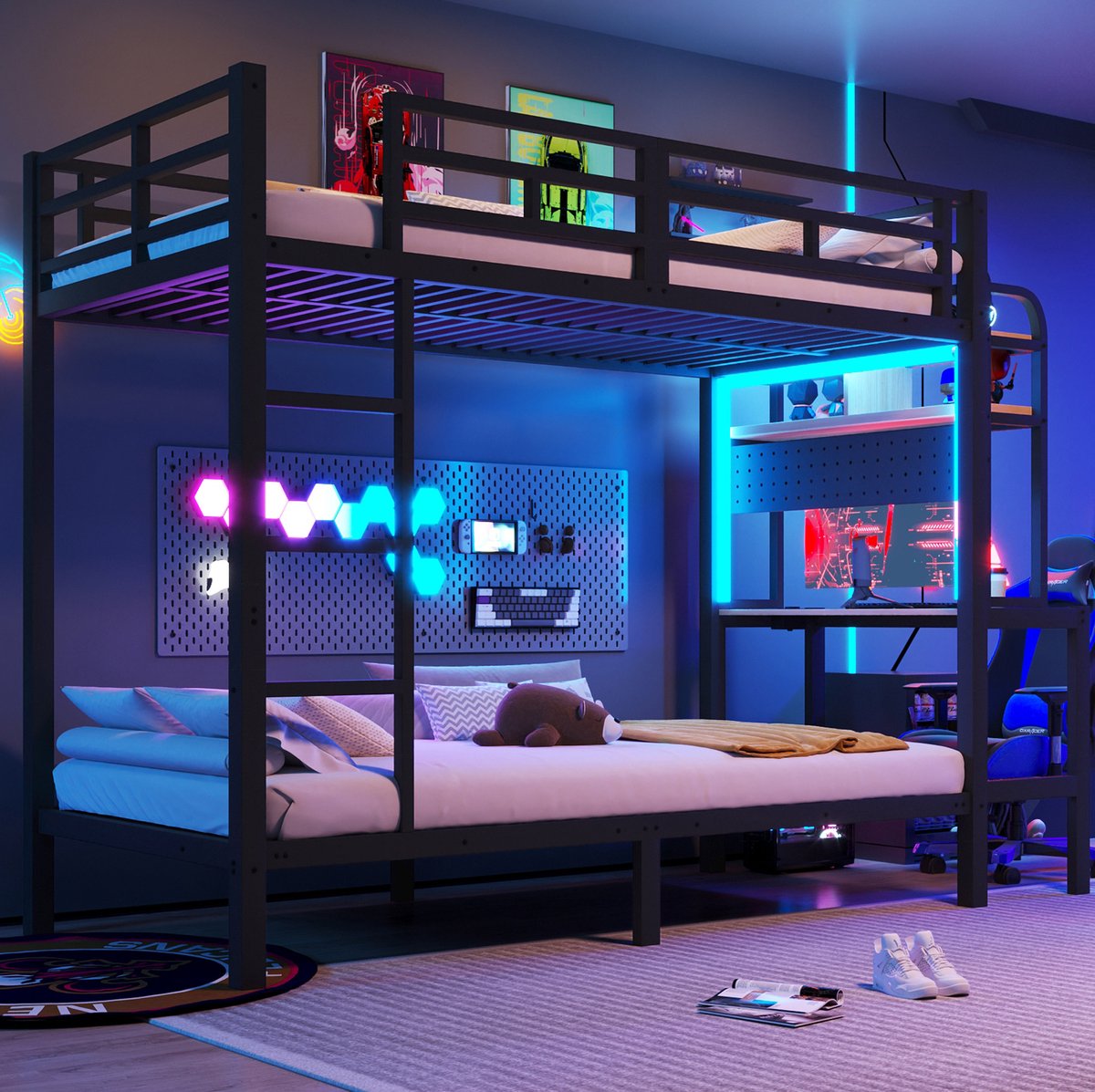 REDOM Stapelbed - Met bureau en opbergruimte - Veiligheidshekken en ladder - LED-verlichting en USB-aansluiting - Metaal en MDF - Zwart - 90 x 200 cm
