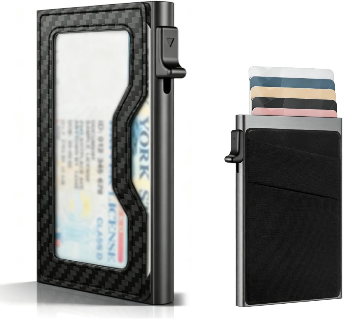 Kaarthouder met pop-up functie met één druk op de knop, ultradunne minimalistische portemonnee voor heren met transparant ID-venster, portemonnee voor heren, RFID-/NFC-bescherming, voor