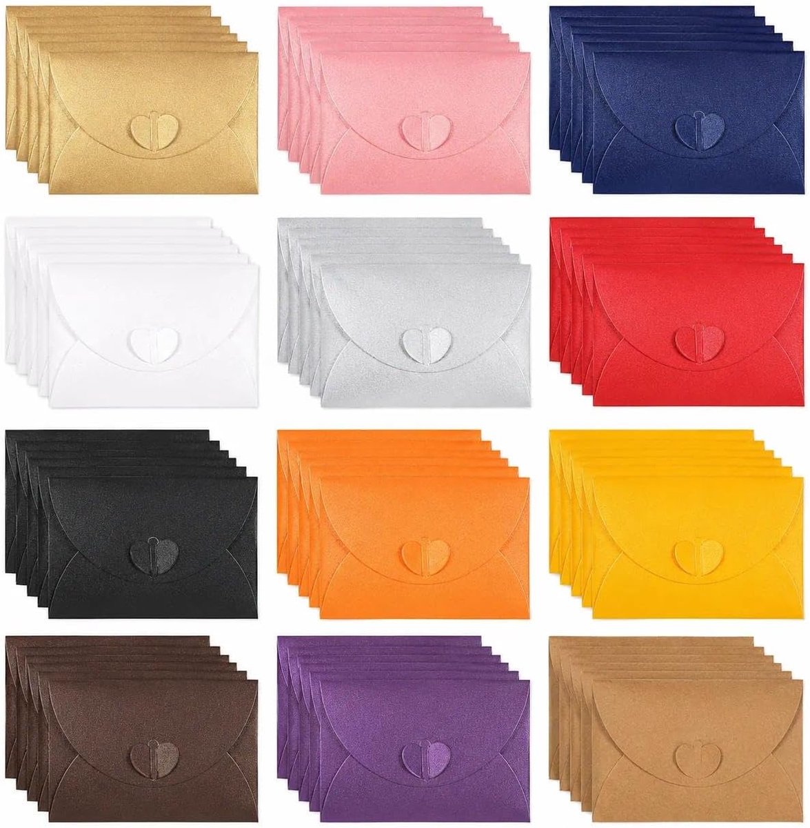 48 mini-enveloppen met hartsluiting, 12 kleuren, voor wenskaarten en