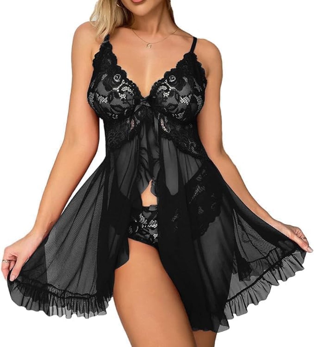 Babydoll Lencería Dames Nachthemd Van Transparante Kant en Mesh Camisón Babydoll Verleidelijke Slaapjurk Met Slip de Encaje Picardias Lencería Lingerie Set Voor Vrouwen