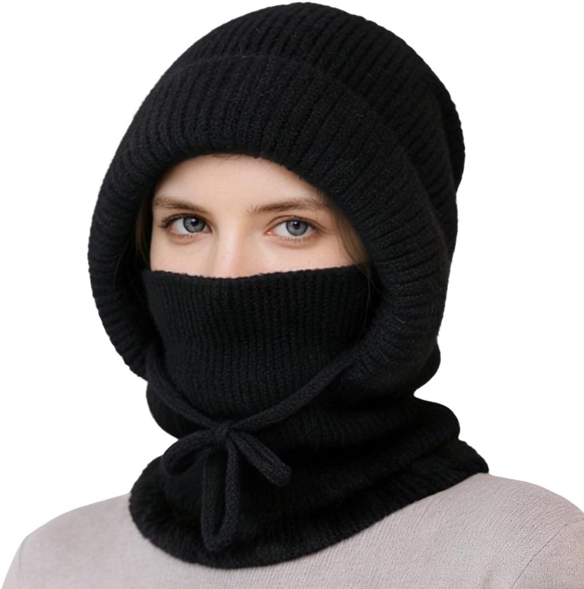 Muts in herfst en winter, 3-in-1 bivakmuts met sjaal en masker, warme bivakmuts voor dames, geschikt voor buiten en fietsen (zwart)