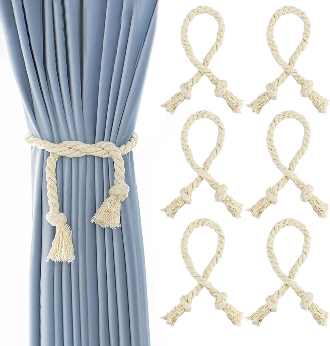 Gordijnhouders van katoen, handgevlochten, set met 6 embrasses in rustieke stijl, zonder boren en zonder gereedschap, beige voor gordijnen, voor woonkamer, slaapkamer en keuken