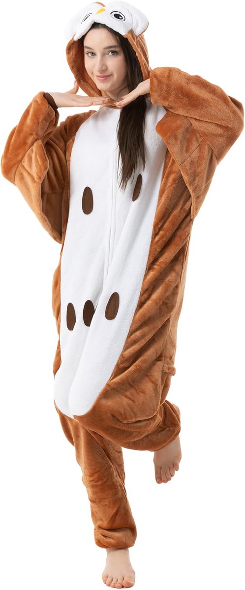1744 Animal Onesie Unisex Pyjama Volwassenen Tieners (10+ Designs) Lichaamshoogte 155-165cm, Bruine Uil