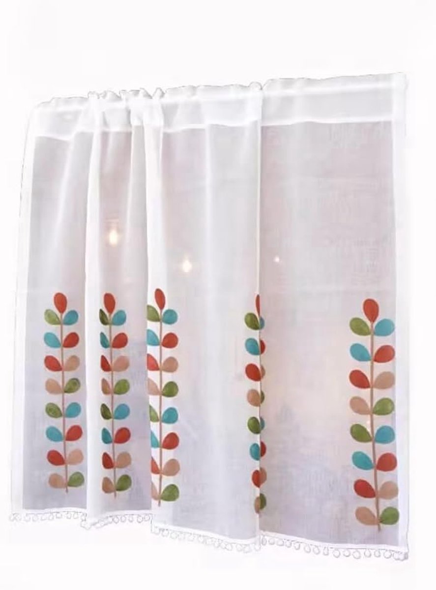 Elegante korte gordijnen, bistrogordijn met bladerenpatroon en volant-gordijnen, lusgordijn voor keuken, eetkamer, slaapkamer, café, kleine ramen, 60 x 180 cm