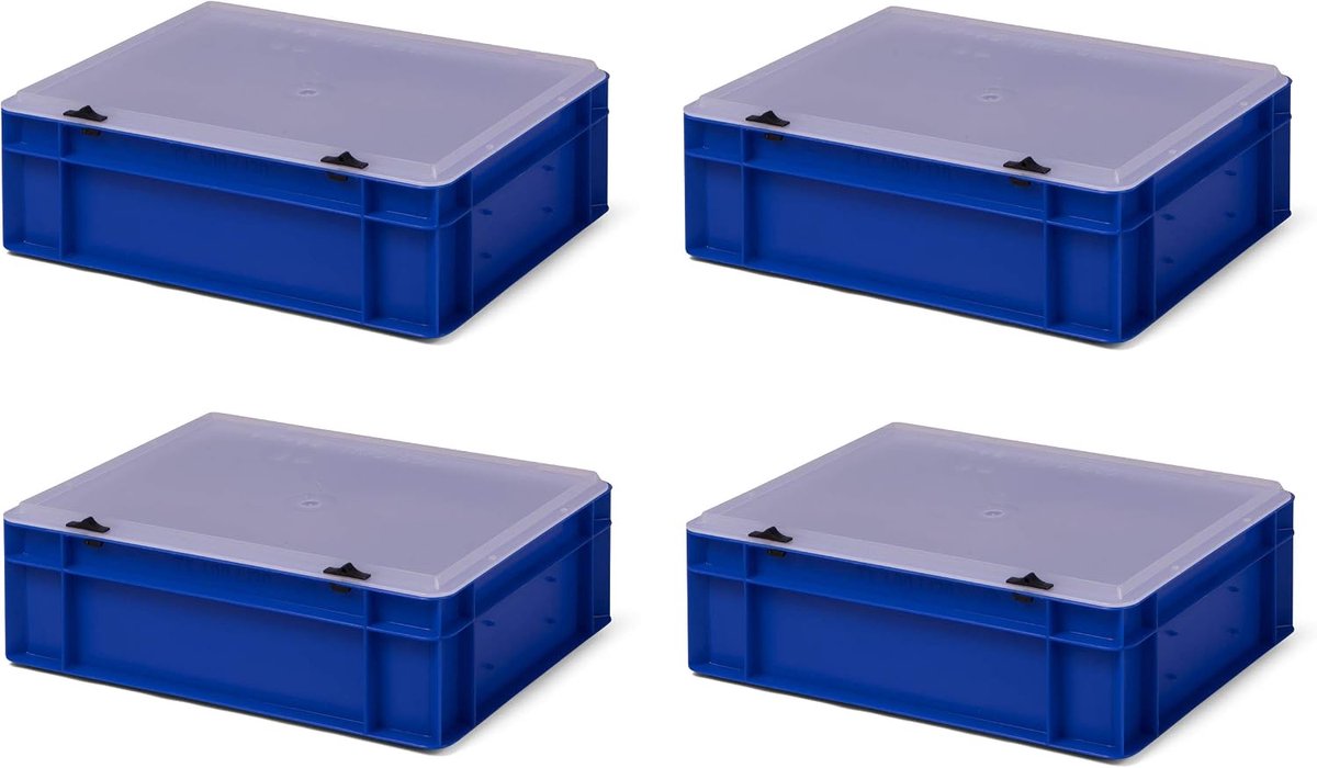 4 stuks transportstapelbak met transparant deksel TK412-TD, blauw, 400x300x131 mm (LxBxH), uit PP, volume: 10 liter, draagvermogen: 30 kg, geschikt voor levensmiddelen, made in Germany, industriële