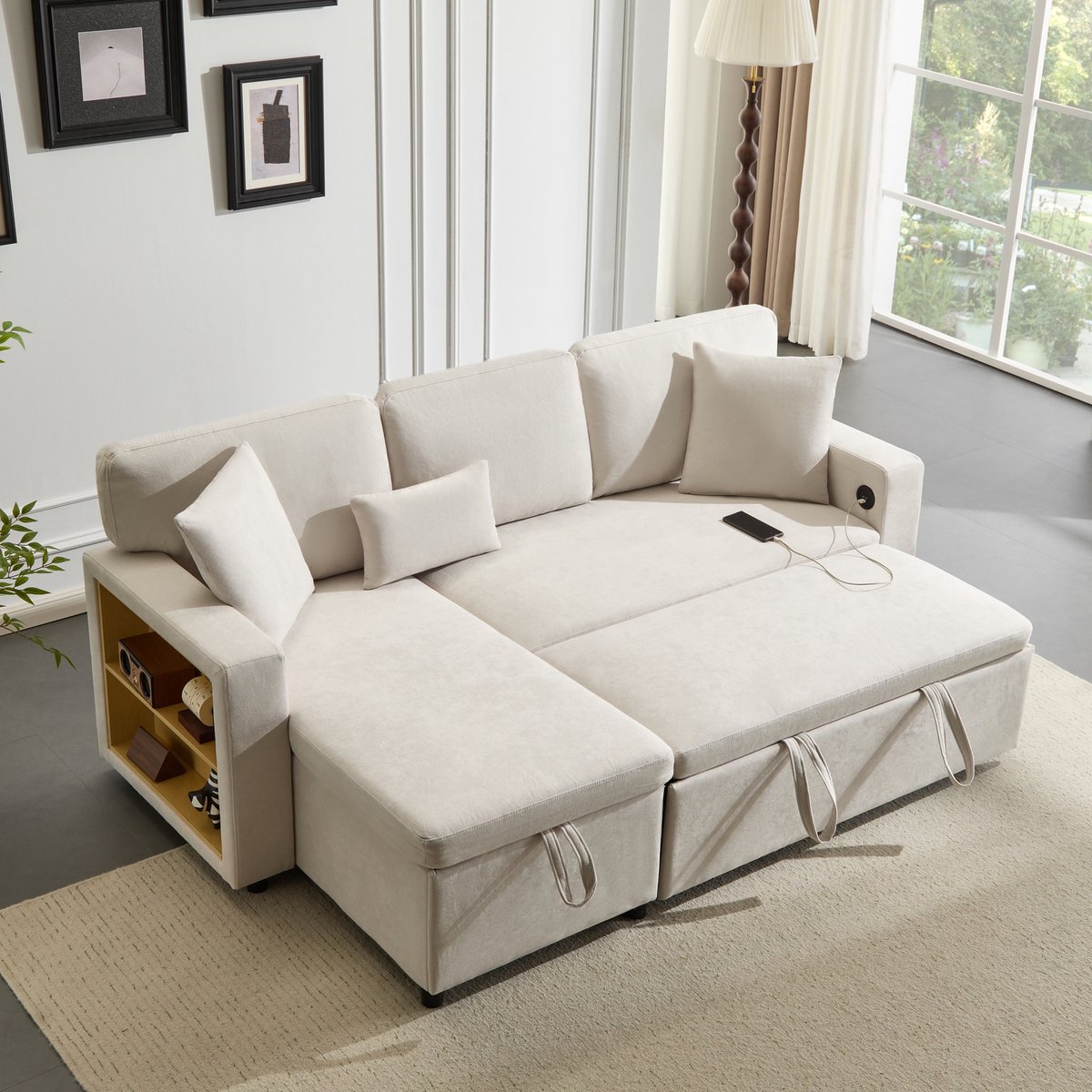 Sweiko Hoekbank - Slaapbank - L-vormige bank - USB-poort - Uitschuifbaar - Opbergruimte - Beige