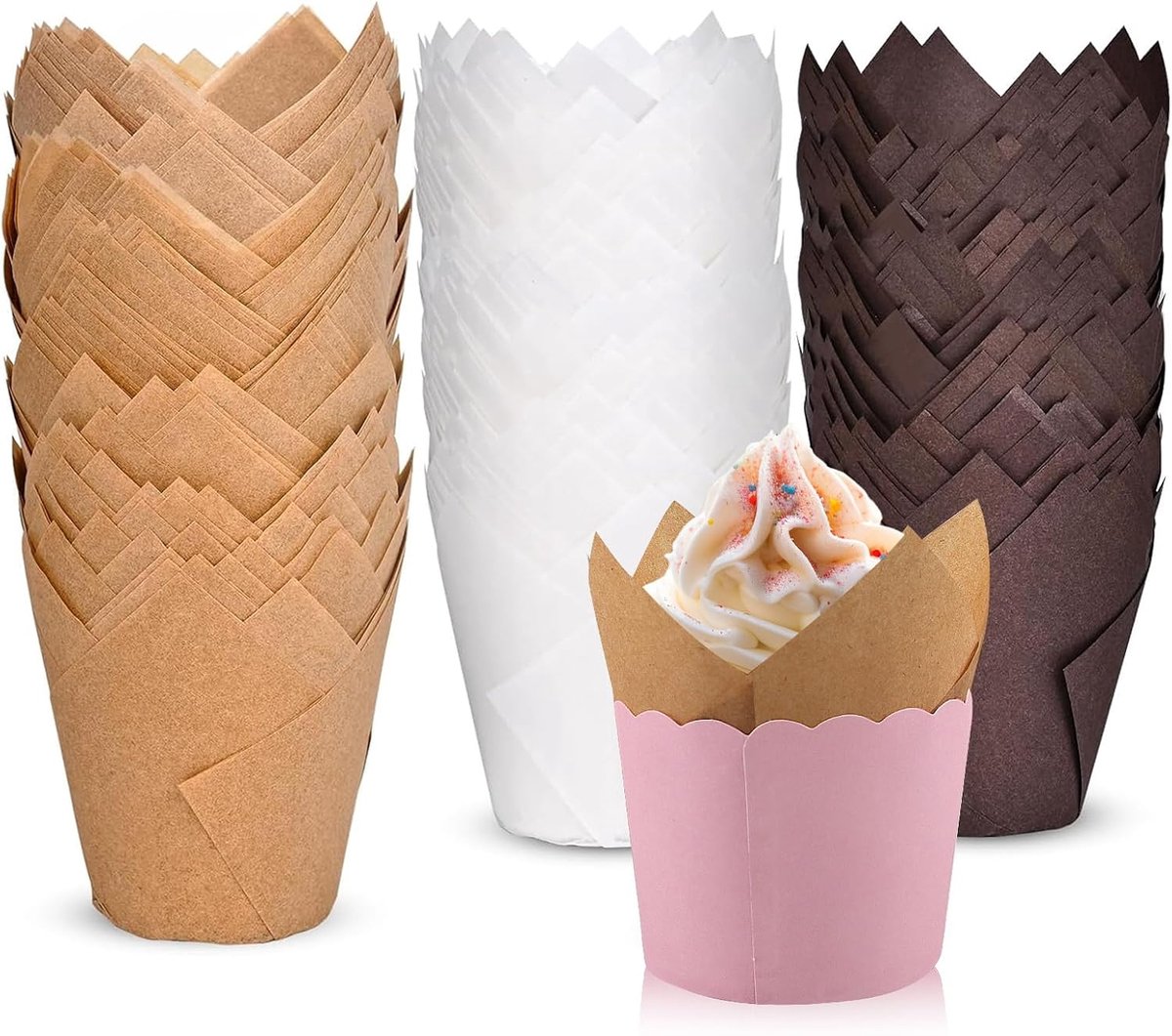 Cupcake-vormpjes van papier, tulpenvorm, 300 stuks, muffins, cupcakes voor kerstfeesten, standaardformaat, natuurlijk met antiaanbaklaag (tulpen)