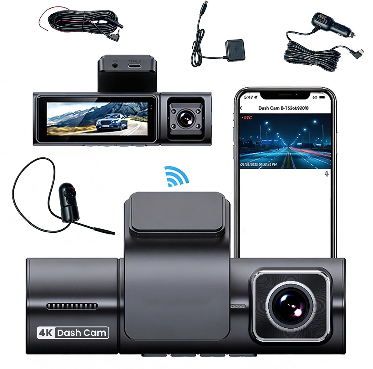 4K Ultra HD Dashcam – Dashcam met drie camera's - GPS-rijvolging - F9 HD groothoeklens - Nachtzicht - Wi-Fi en app-connectiviteit - Achteruitrijcamera - Zwart