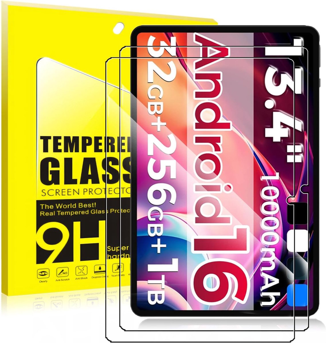 2 stuks displaybeschermfolie van gehard glas voor RebotAi AF13 13,4 inch tablet, 9H hardheid, krasbestendig, vingerafdrukbestendig
