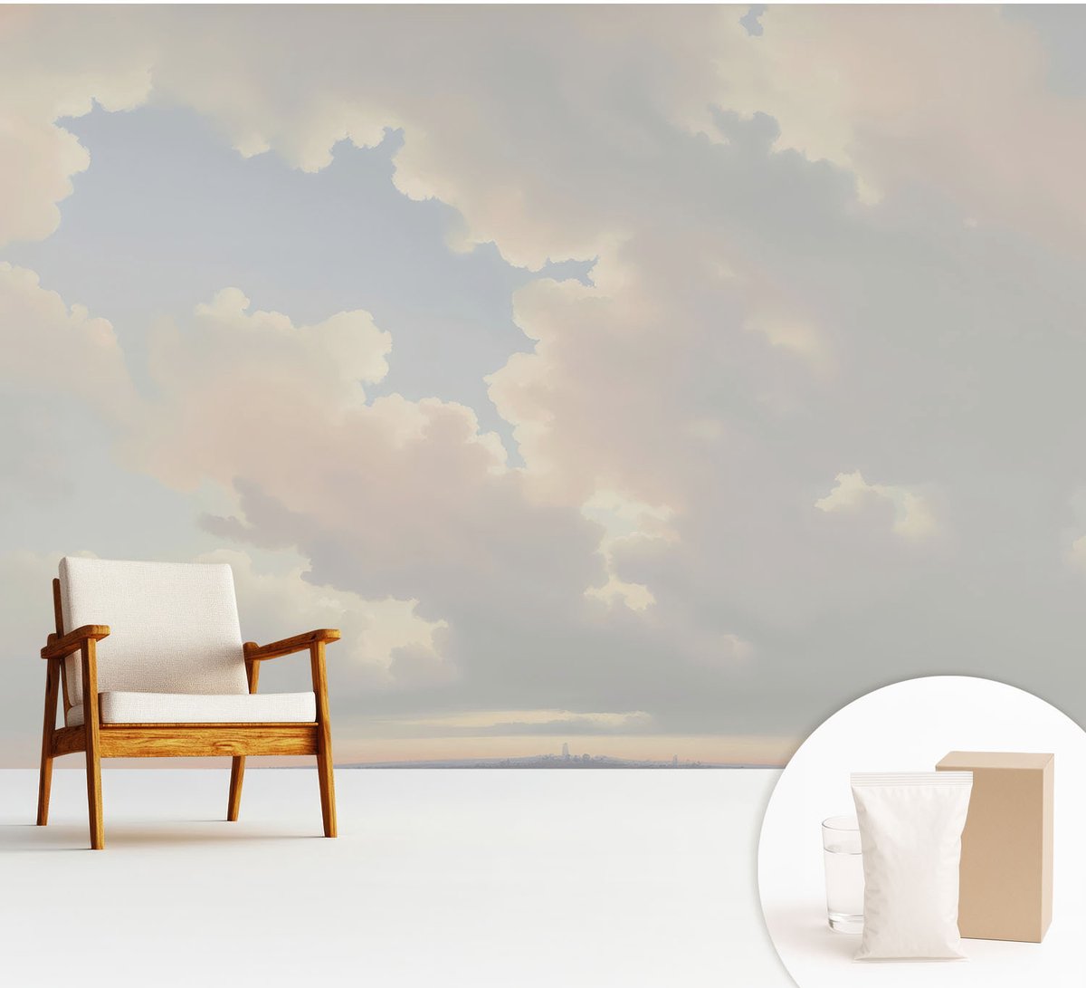 Wallfluent Fotobehang - Wit Vliesbehang - 312x219 cm - Pastelkleurige Hemel Fotobehang Vlies - Woonkamer behang Landschappen - Muurschildering - Woonkamer behang