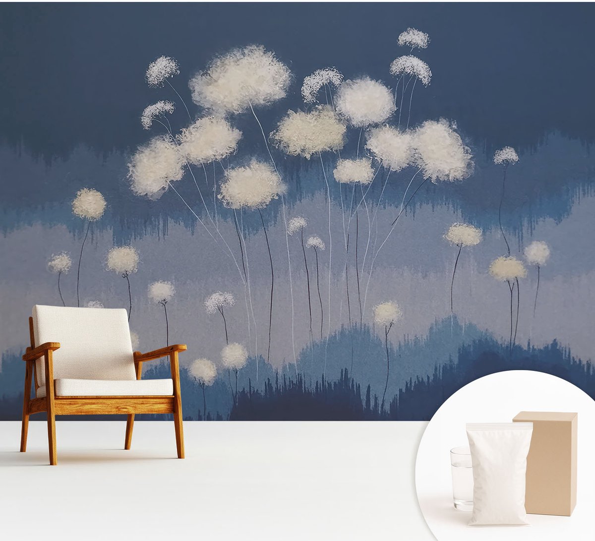 Wallfluent Fotobehang - Marine Vliesbehang - 312x219 cm - Witte Paardenbloemen Muurschildering - Slaapkamer behang Deel - Fotobehang Vlies - Slaapkamer behang