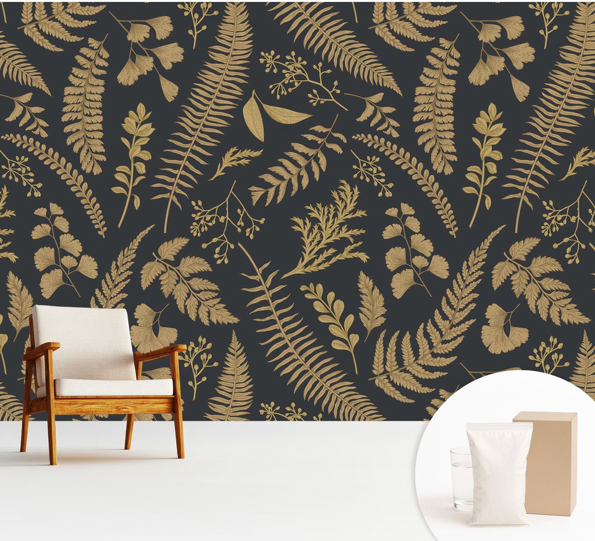 Wallfluent Fotobehang - Zwart Vliesbehang - 312x219 cm - Botanische Bladeren Fotobehang Vlies - Woonkamer behang Bloemen En Planten - Muurschildering - Woonkamer behang