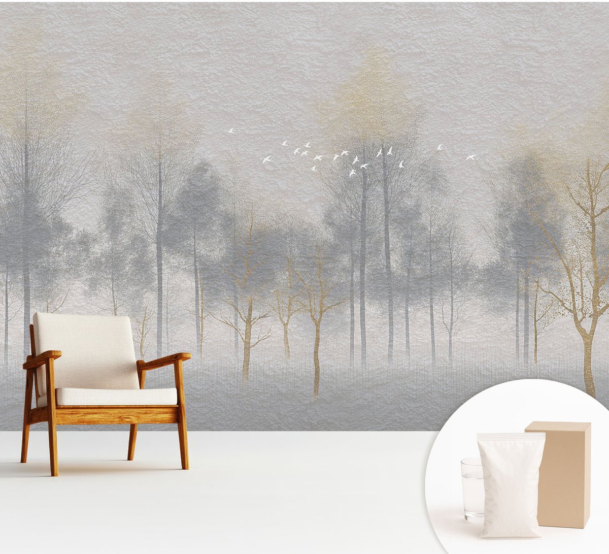Wallfluent Fotobehang - Grijs Vliesbehang - 312x219 cm - Bosharmonie Muurschildering - Gang behang Landschappen - Fotobehang Vlies - Slaapkamer behang