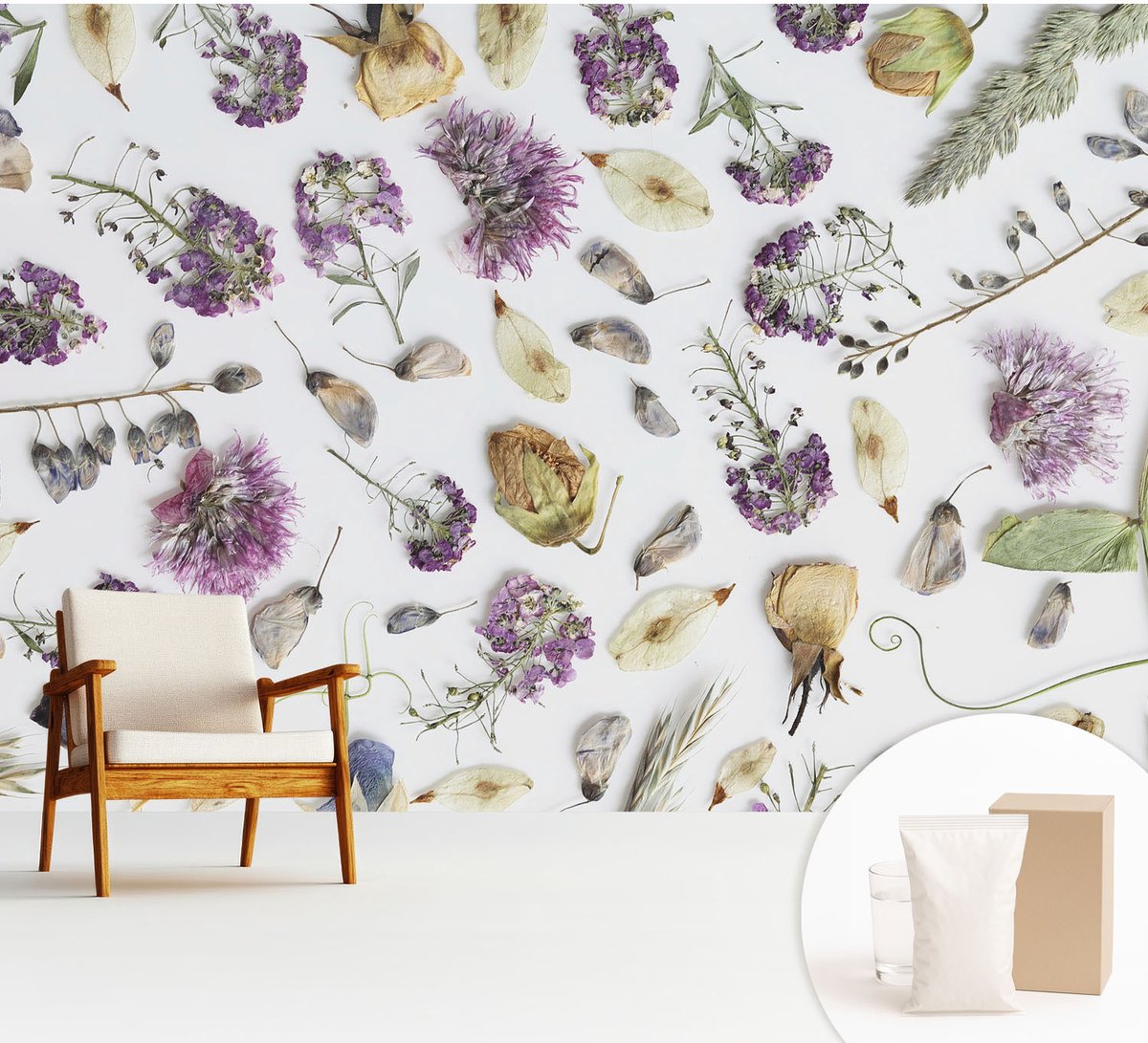 Wallfluent Fotobehang - Wit Vliesbehang - 312x219 cm - Gedroogde Bloemen Muurschildering - Gang behang Bloemen En Planten - Fotobehang Vlies - Slaapkamer behang