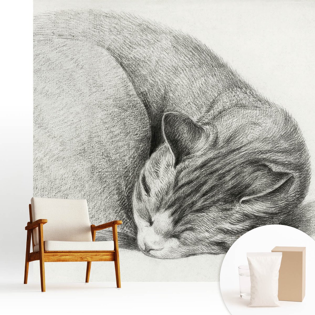 Wallfluent Fotobehang - Grijs Vliesbehang - 250x250 cm - Opgerolde Kat Muurschildering - Slaapkamer behang Dieren - Fotobehang Vlies - Gang behang