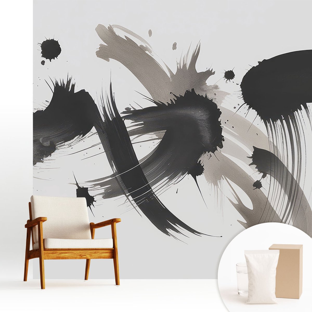Wallfluent Fotobehang - Zwart Vliesbehang - 250x250 cm - Abstracte Uitdrukking Fotobehang Vlies - Hal behang Abstractie - Muurschildering - Woonkamer behang