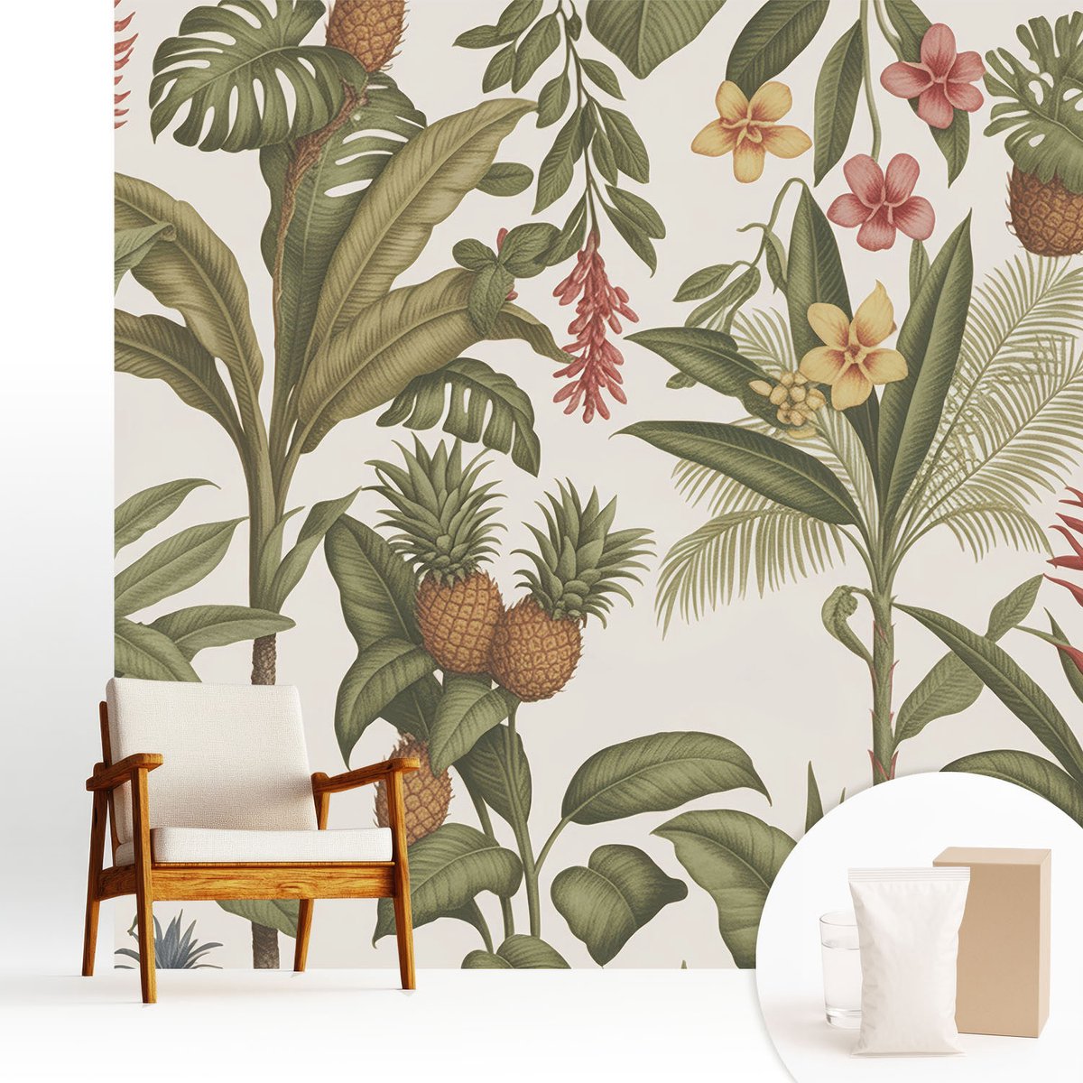 Wallfluent Fotobehang - Grijs Vliesbehang - 250x250 cm - Exotische Natuur Fotobehang Vlies - Hal behang Bloemen En Planten - Muurschildering - Hal behang