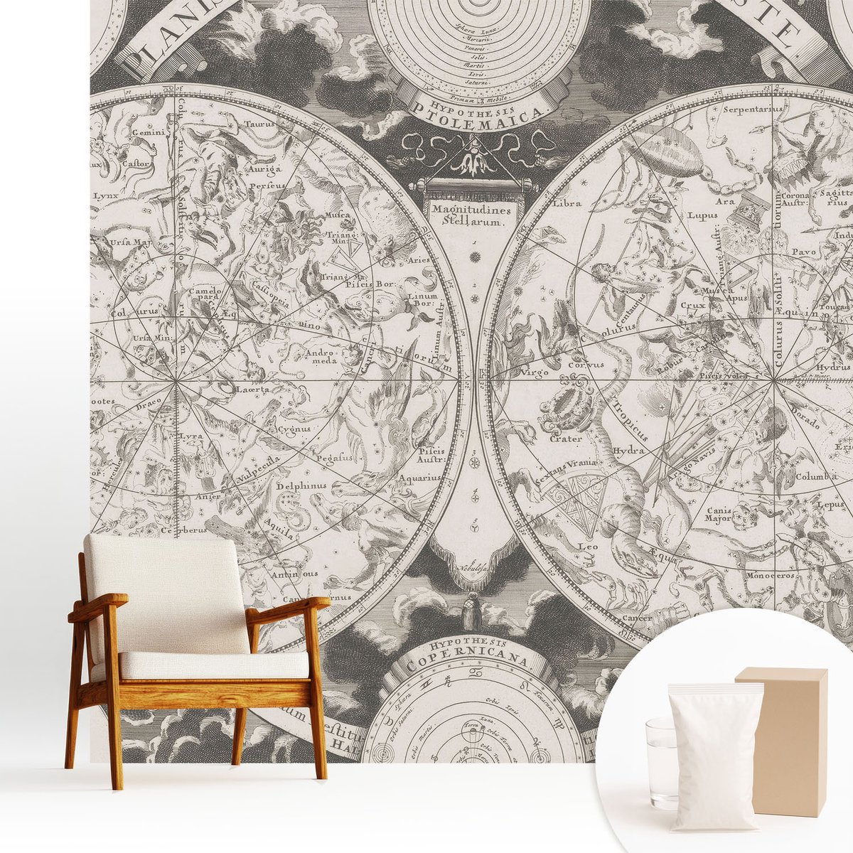 Wallfluent Fotobehang - Zwart-Wit Vliesbehang - 250x250 cm - Sterrenkaart Muurschildering - Slaapkamer behang Kosmos - Fotobehang Vlies - Gang behang