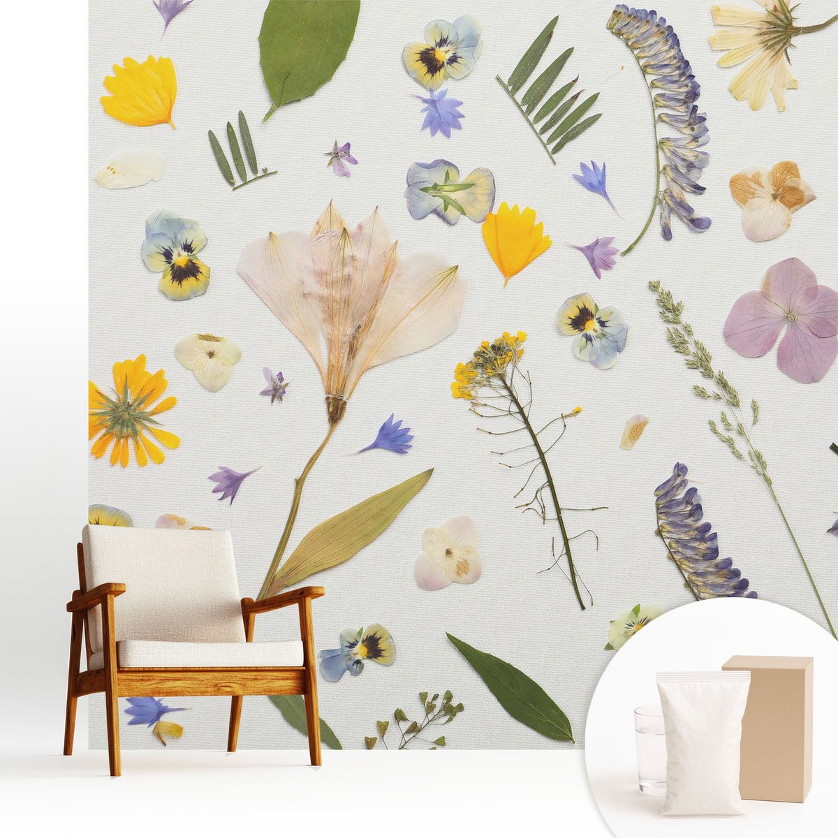 Wallfluent Fotobehang - Wit Vliesbehang - 250x250 cm - Lentebloemen Fotobehang Vlies - Woonkamer behang Bloemen En Planten - Muurschildering - Woonkamer behang