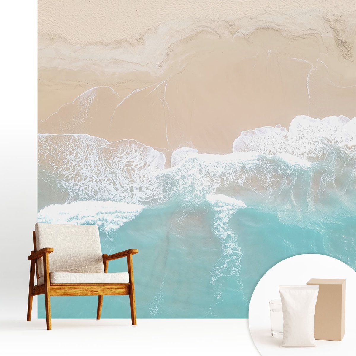 Wallfluent Fotobehang - Beige Vliesbehang - 250x250 cm - Brullende Golven Fotobehang Vlies - Woonkamer behang Landschappen - Muurschildering - Woonkamer behang