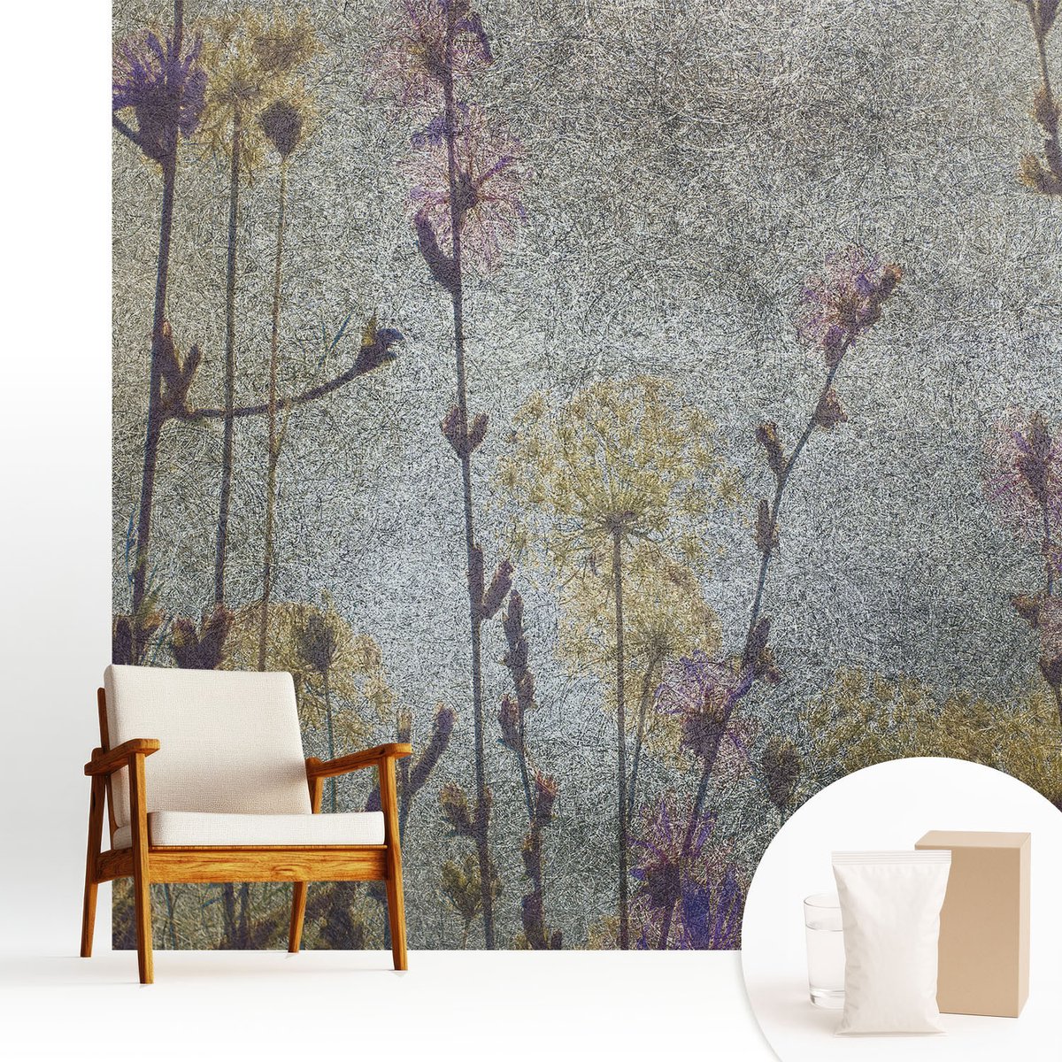 Wallfluent Fotobehang - Grijs Vliesbehang - 250x250 cm - Wilde Bloemen Muurschildering - Gang behang Bloemen En Planten - Fotobehang Vlies - Gang behang