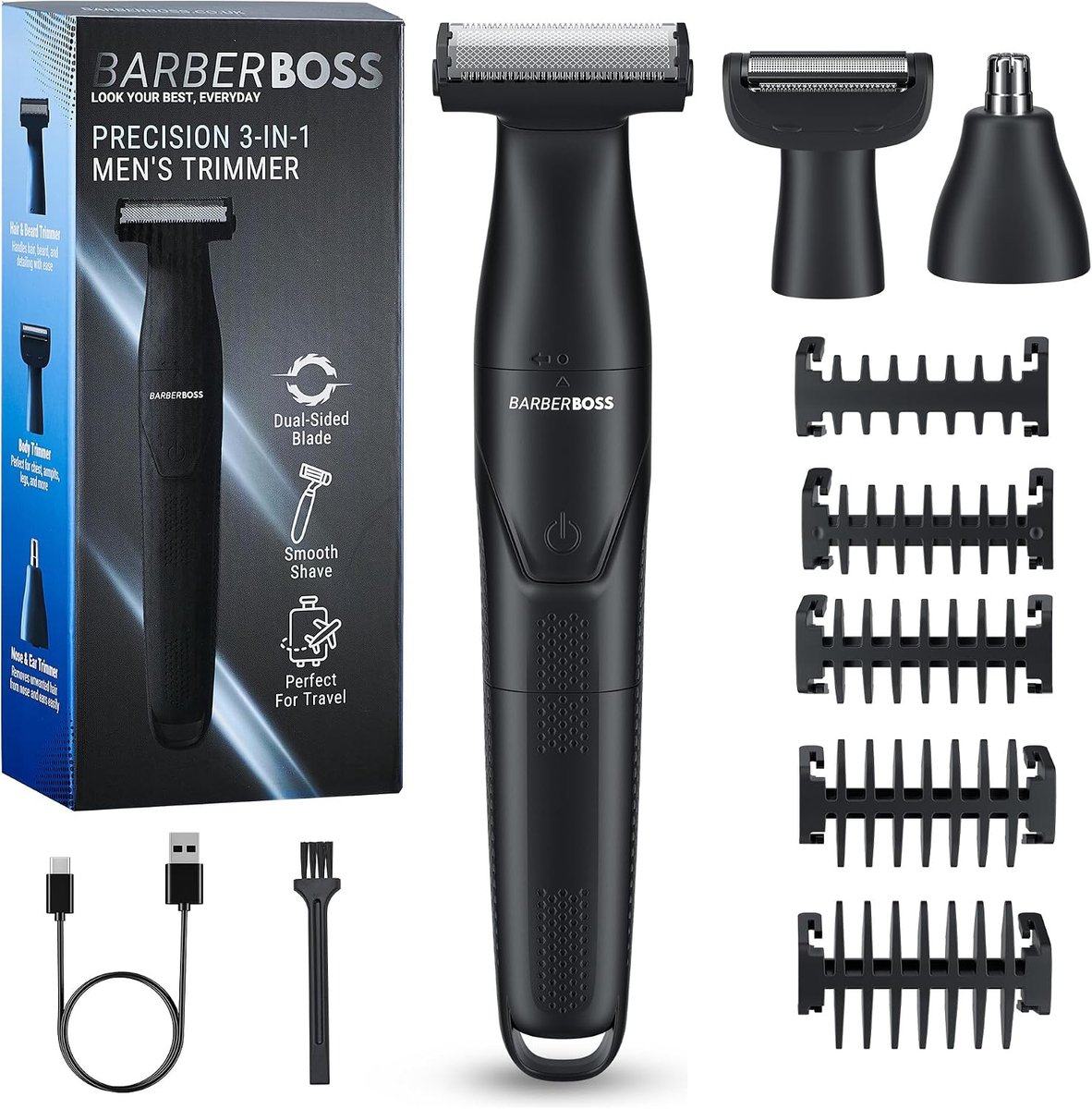 3-in-1 Precisietrimmer Heren – Baard, Lichaam, Neus & Oor – Oplaadbaar Draadloos Scheerapparaat – USB Opladen