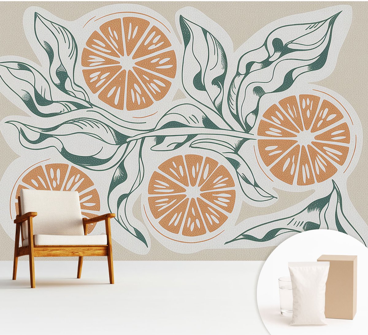 Wallfluent Fotobehang - Wit Vliesbehang - 312x219 cm - Vruchtpatronen Fotobehang Vlies - Hal behang Bloemen En Planten - Muurschildering - Woonkamer behang