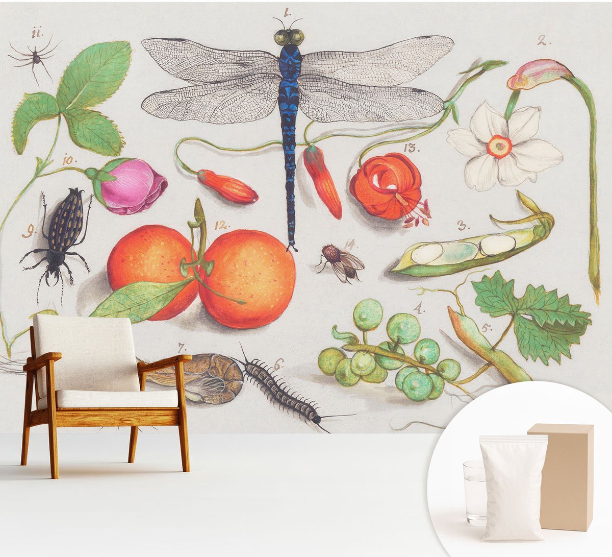 Wallfluent Fotobehang - Wit Vliesbehang - 312x219 cm - Natuurillustratie Muurschildering - Slaapkamer behang Bloemen En Planten - Fotobehang Vlies - Slaapkamer behang