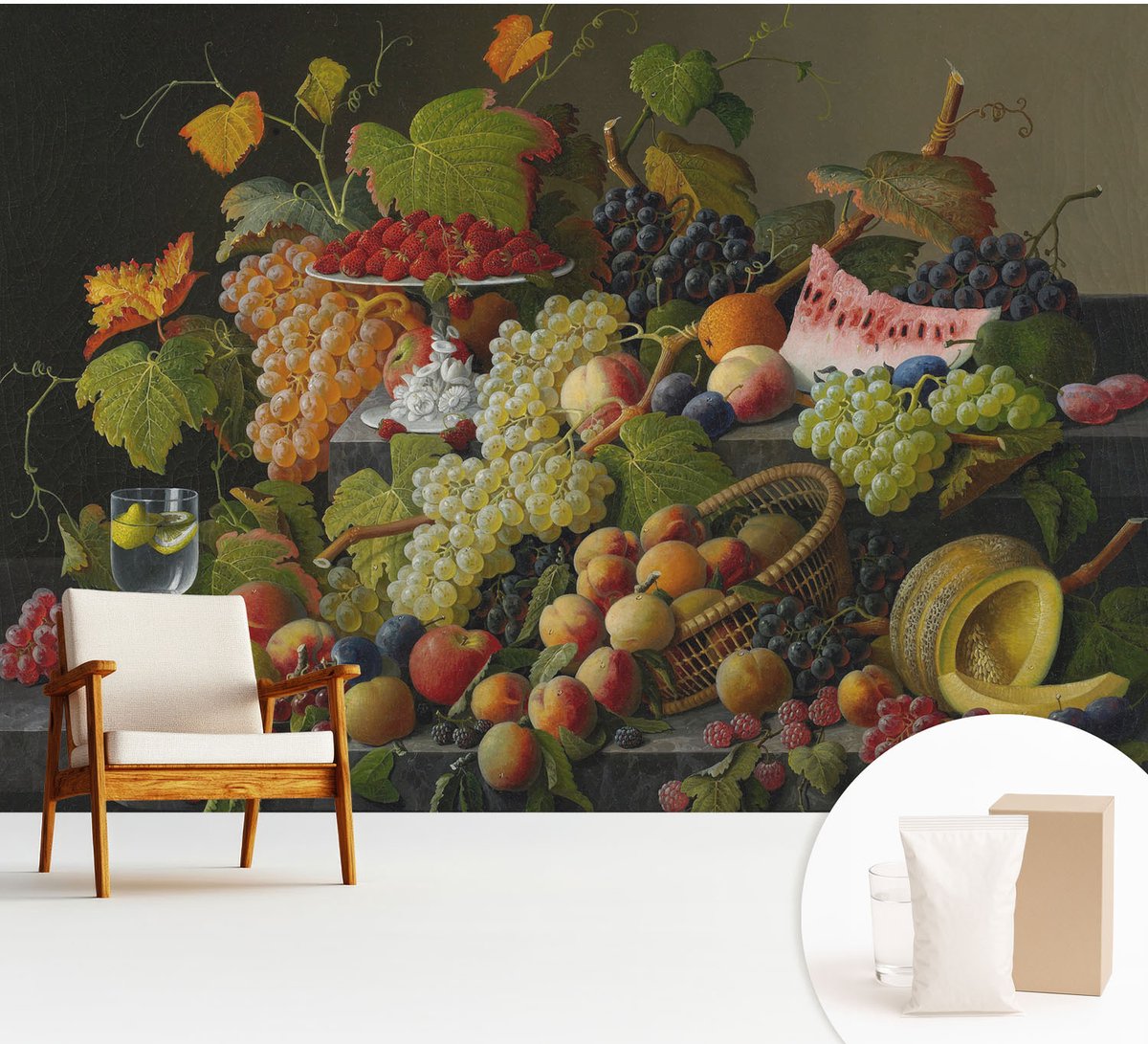 Wallfluent Fotobehang - Wit Vliesbehang - 312x219 cm - Fruitsamenstelling Fotobehang Vlies - Hal behang Voedsel - Muurschildering - Woonkamer behang