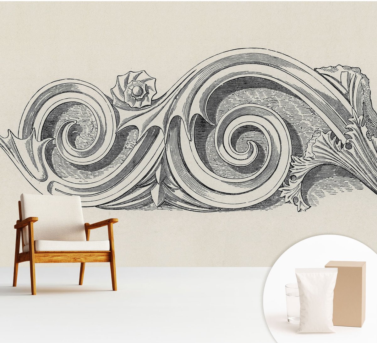 Wallfluent Fotobehang - Zwart-Wit Vliesbehang - 312x219 cm - Plantenornament Muurschildering - Slaapkamer behang Deel - Fotobehang Vlies - Slaapkamer behang