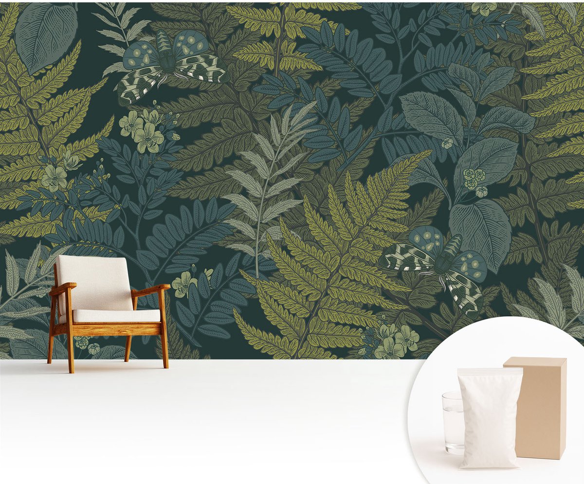 Wallfluent Fotobehang - Groente Vliesbehang - 416x254 cm - Groene Elegantie Fotobehang Vlies - Woonkamer behang Bloemen En Planten - Muurschildering - Hal behang