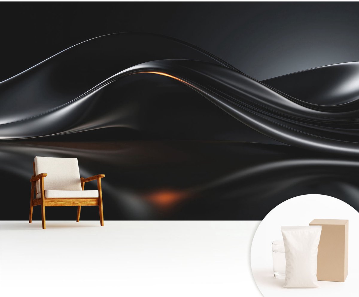Wallfluent Fotobehang - Zwart Vliesbehang - 416x254 cm - Metaalachtige Golven Muurschildering - Slaapkamer behang Abstractie - Fotobehang Vlies - Slaapkamer behang